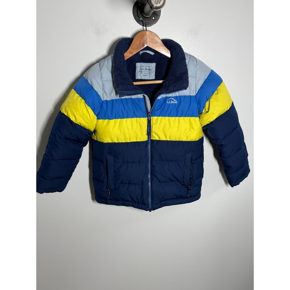 LL Bean Kids Down Puffer Jacket Blue Yellow Colorblock Insulated Coat 6X